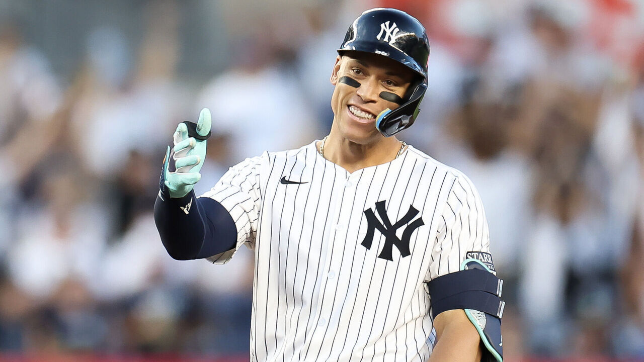 NEW YORK, NEW YORK - JUNE 09: Aaron Judge #99 of the New York Yankees reacts after an RBI double against the Los Angeles Dodgers during the third inning at Yankee Stadium on June 09, 2024 in the Bronx borough of New York City.