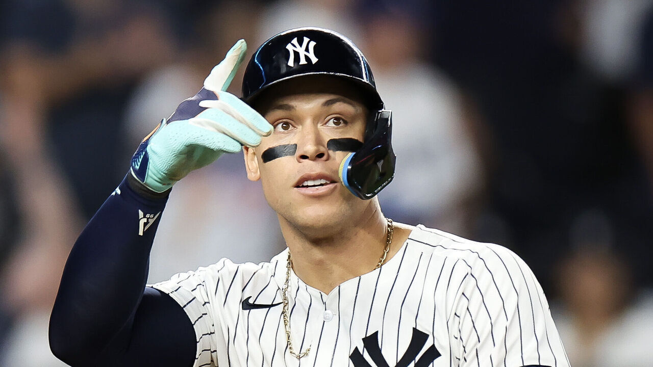 NEW YORK, NEW YORK - JUNE 09: Aaron Judge #99 of the New York Yankees reacts after a solo home run against the Los Angeles Dodgers during the eighth inning at Yankee Stadium on June 09, 2024 in the Bronx borough of New York City.