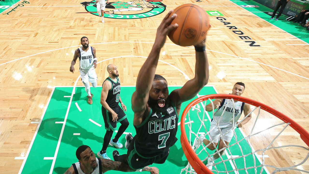 BOSTON, MA - JUNE 9: Jaylen Brown #7 of the Boston Celtics dunks the ball during the game against the Dallas Mavericks during Game 1 of the 2024 NBA Finals on June 9, 2024 at the TD Garden in Boston, Massachusetts. Mandatory Copyright Notice: Copyright 2024 NBAE
