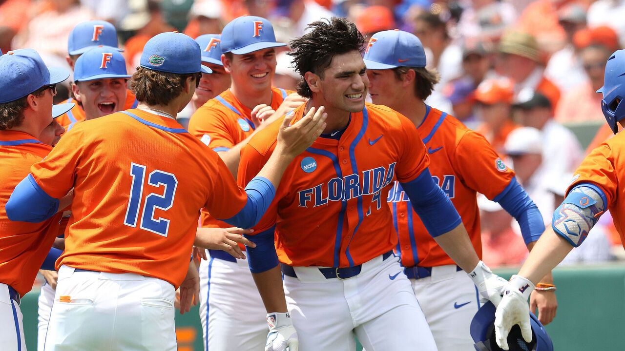 CLEMSON, SC - JUNE 09: Florida Gators pitcher Jac Caglianone (14) celebrates hitting a home run during the College D1 Baseball Super Regional game between the Florida Gators and the Clemson Tigers on June 9, 2024 at Doug Kingsmore Stadium in Clemson, S.C.
