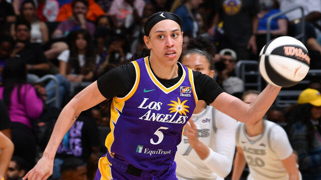 LOS ANGELES, CA - JUNE 9: Dearica Hamby #5 of the Los Angeles Sparks handles the ball during the game against the Las Vegas Aces on June 9, 2024 at Crypto.com Arena in Los Angeles, California. NOTE TO USER: User expressly acknowledges and agrees that, by downloading and/or using this Photograph, user is consenting to the terms and conditions of the Getty Images License Agreement. Mandatory Copyright Notice: Copyright 2024 NBAE