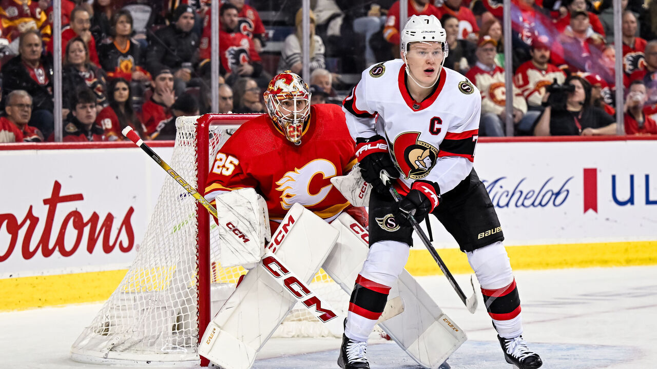 CALGARY, AB - JANUARY 09: Calgary Flames Goalie Jacob Markstrom (25) tries to look past Ottawa Senators Left Wing Brady Tkachuk (7) during the first period of an NHL game between the Calgary Flames and the Ottawa Senators on January 9, 2024, at the Scotiabank Saddledome in Calgary, AB.