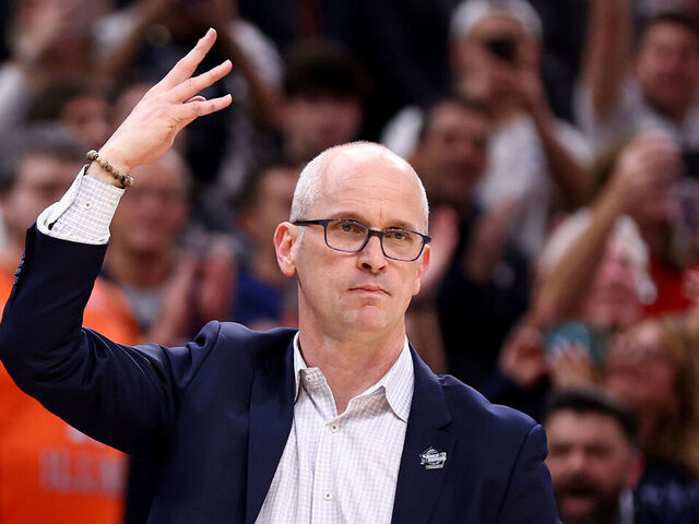 BOSTON, MASSACHUSETTS - MARCH 30: Head coach Dan Hurley of the Connecticut Huskies celebrates against the Illinois Fighting Illini during the second half in the Elite 8 round of the NCAA Men's Basketball Tournament at TD Garden on March 30, 2024 in Boston, Massachusetts.