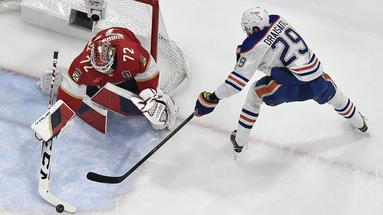 SUNRISE, FLORIDA - JUNE 8: Goaltender Sergei Bobrovsky #72 of the Florida Panthers defends the net against Leon Draisaitl #29 of the Edmonton Oilers in Game One of the Stanley Cup Final at the Amerant Bank Arena on June 8, 2024 in Sunrise, Florida.