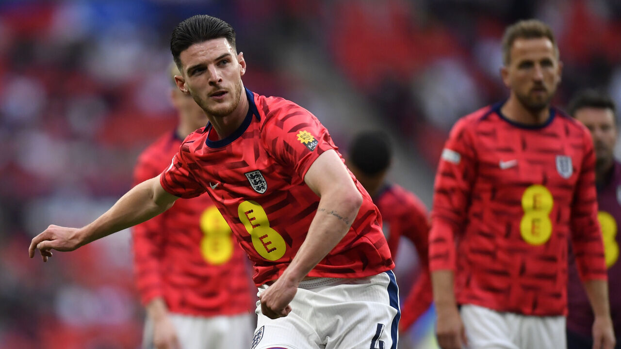 Declan Rice of England is in action during the friendly game between England and Iceland, in Wembley Stadium, on June 07, 2024.
