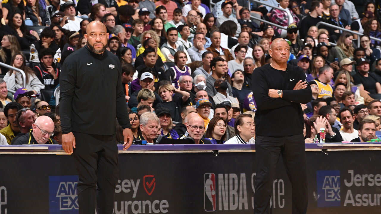 LOS ANGELES, CA - MARCH 8: Head Coach Doc Rivers of the Milwaukee Bucks and Head Coach Darvin Ham of the Los Angeles Lakers look on during the game on March 8, 2024 at Crypto.Com Arena in Los Angeles, California. NOTE TO USER: User expressly acknowledges and agrees that, by downloading and/or using this Photograph, user is consenting to the terms and conditions of the Getty Images License Agreement. Mandatory Copyright Notice: Copyright 2024 NBAE