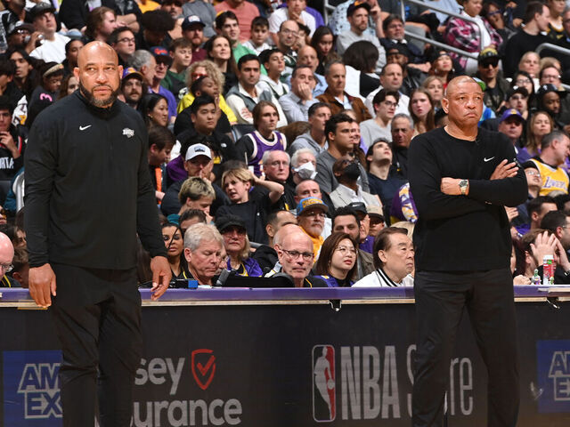 LOS ANGELES, CA - MARCH 8: Head Coach Doc Rivers of the Milwaukee Bucks and Head Coach Darvin Ham of the Los Angeles Lakers look on during the game on March 8, 2024 at Crypto.Com Arena in Los Angeles, California. NOTE TO USER: User expressly acknowledges and agrees that, by downloading and/or using this Photograph, user is consenting to the terms and conditions of the Getty Images License Agreement. Mandatory Copyright Notice: Copyright 2024 NBAE