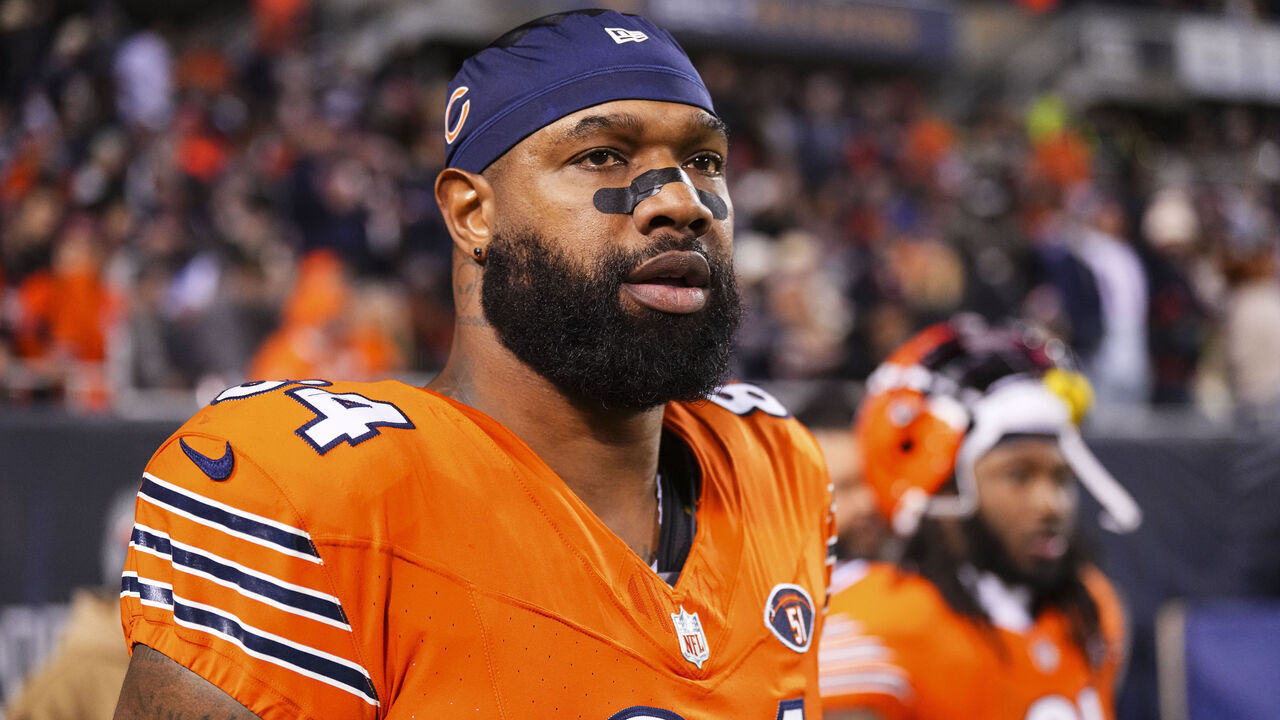 CHICAGO, IL - NOVEMBER 09: Marcedes Lewis #84 of the Chicago Bears walks out of the tunnel during an NFL football game against the Carolina Panthers at Soldier Field on November 9, 2023 in Chicago, Illinois.