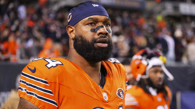 CHICAGO, IL - NOVEMBER 09: Marcedes Lewis #84 of the Chicago Bears walks out of the tunnel during an NFL football game against the Carolina Panthers at Soldier Field on November 9, 2023 in Chicago, Illinois.