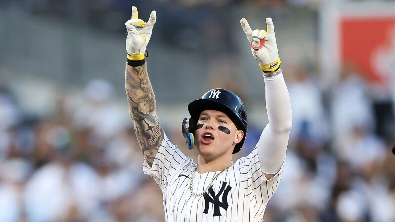 NEW YORK, NEW YORK - JUNE 09: Alex Verdugo #24 of the New York Yankees reacts after a double against the Los Angeles Dodgers during the third inning at Yankee Stadium on June 09, 2024 in the Bronx borough of New York City.