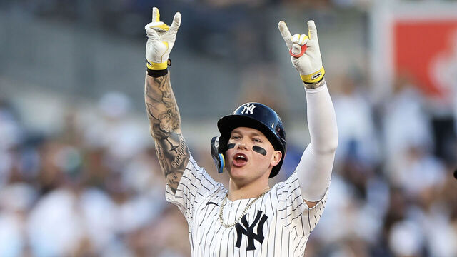 NEW YORK, NEW YORK - JUNE 09: Alex Verdugo #24 of the New York Yankees reacts after a double against the Los Angeles Dodgers during the third inning at Yankee Stadium on June 09, 2024 in the Bronx borough of New York City.