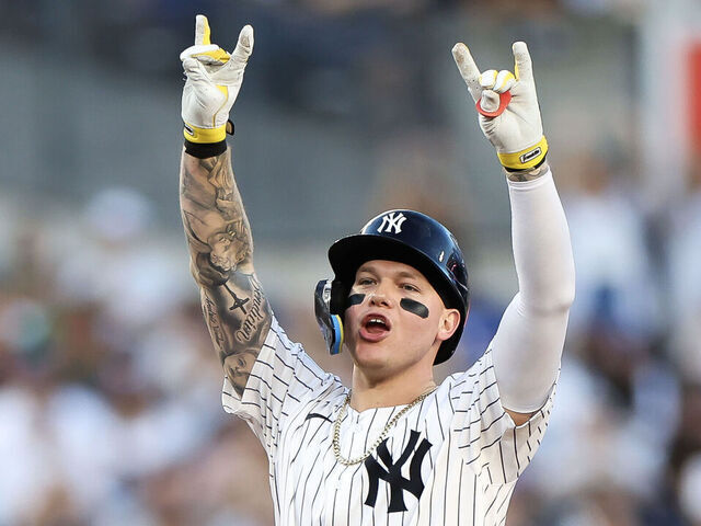 NEW YORK, NEW YORK - JUNE 09: Alex Verdugo #24 of the New York Yankees reacts after a double against the Los Angeles Dodgers during the third inning at Yankee Stadium on June 09, 2024 in the Bronx borough of New York City.