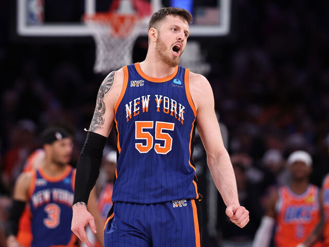 NEW YORK, NEW YORK - MARCH 31: Isaiah Hartenstein #55 of the New York Knicks reacts during the fourth quarter of the game against the Oklahoma City Thunder at Madison Square Garden on March 31, 2024 in New York City.