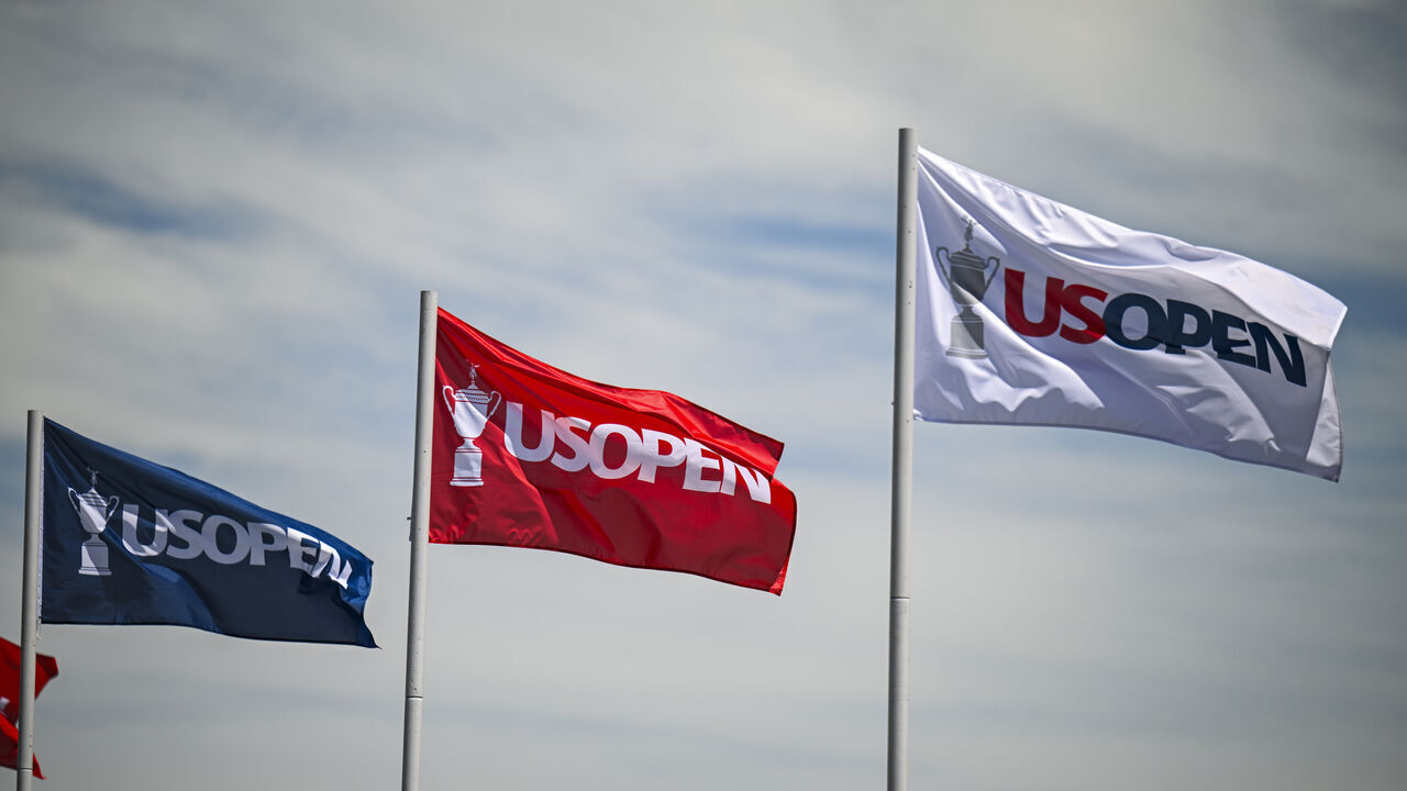 PINEHURST, NORTH CAROLINA - JUNE 10: U.S. Open flags fly over the range during practice for the U.S. Open on the No. 2 Course at Pinehurst Resort on June 10, 2024, in Pinehurst, North Carolina.