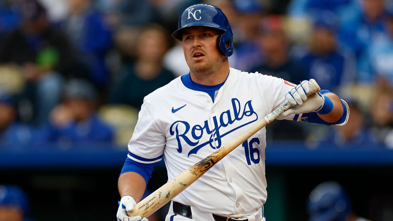 KANSAS CITY, MISSOURI - MAY 4: Hunter Renfroe #16 of the Kansas City Royals reacts after a strike out in the third inning during a game against the Texas Rangers at Kauffman Stadium on May 4, 2024 in Kansas City, Missouri.