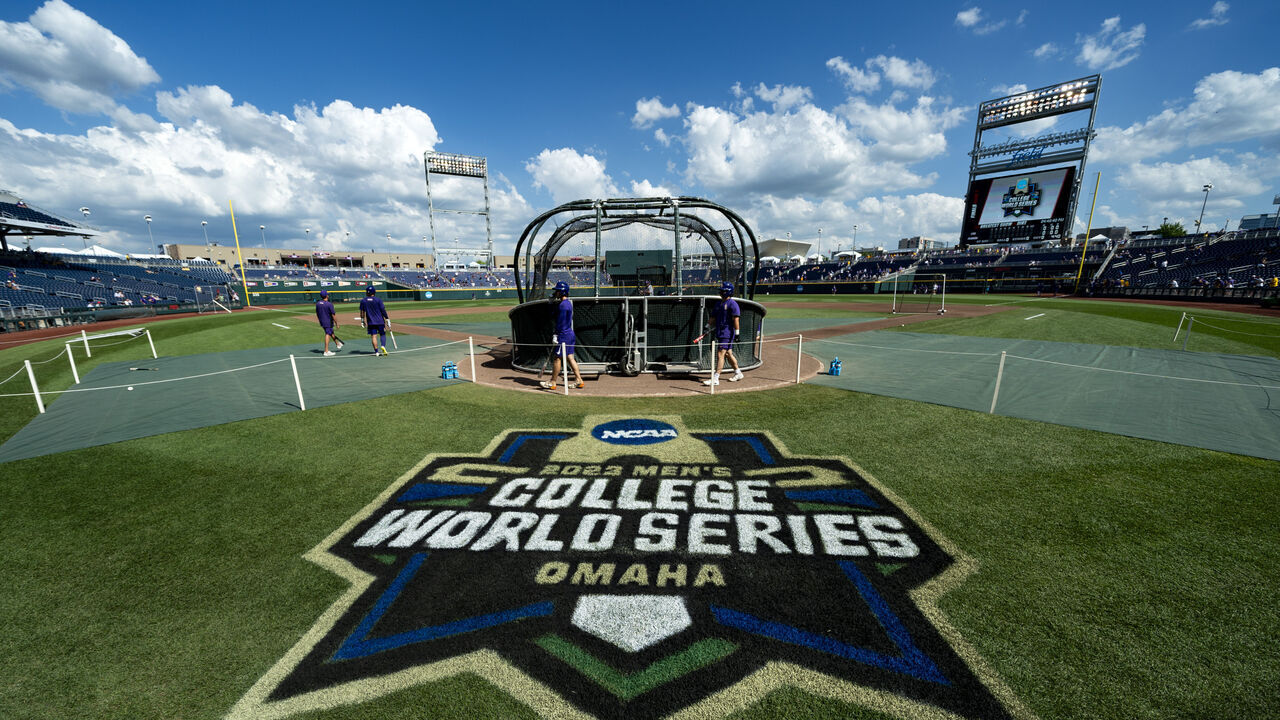 OMAHA, NEBRASKA - JUNE 24: A general view of the field prior to Game 1 of the NCAA College World Series baseball final game between the Florida Gators and the LSU Tigers at Charles Schwab Field on June 24, 2023 in Omaha, Nebraska.