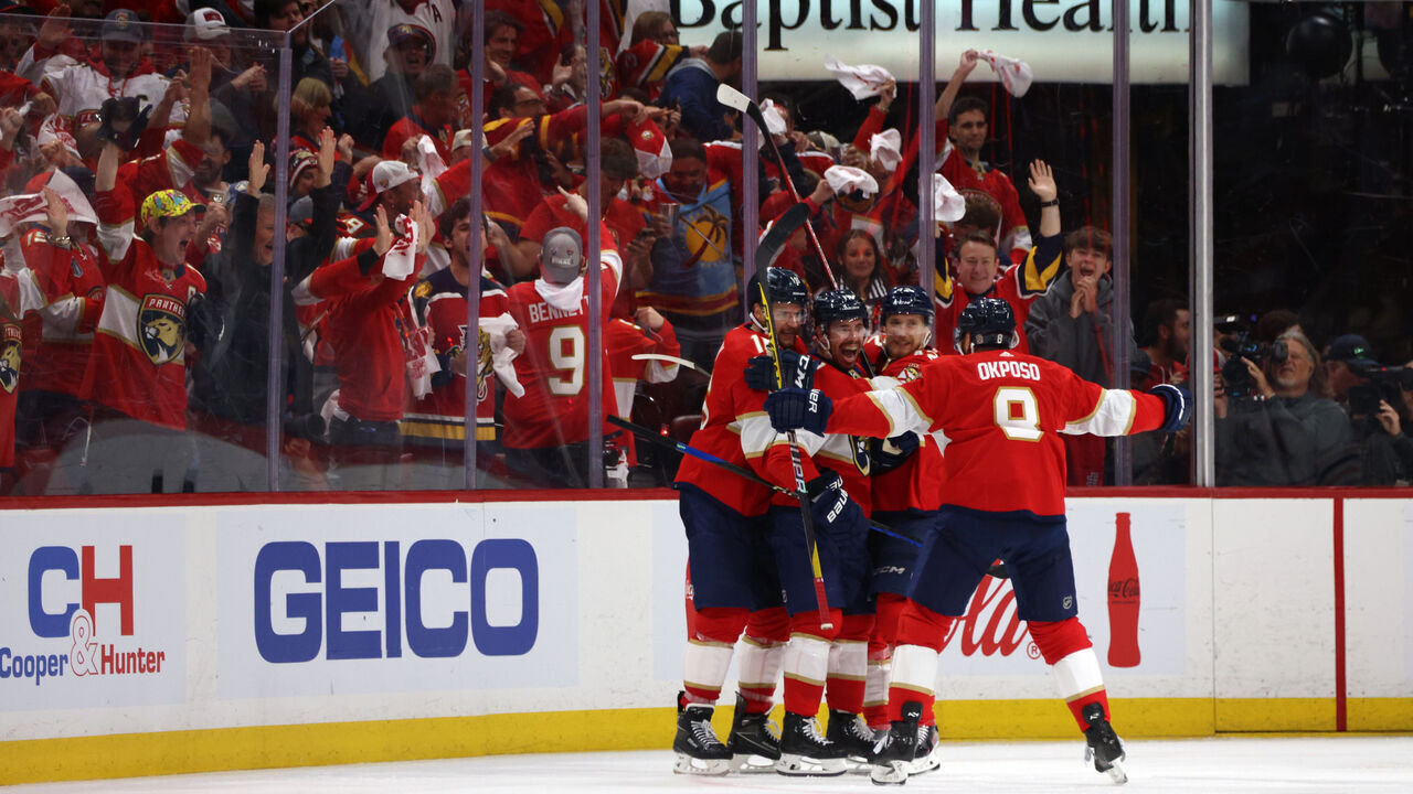 SUNRISE, FLORIDA - JUNE 10: Evan Rodrigues #17 of the Florida Panthers celebrates his goal with teammates during the third period of Game Two of the 2024 Stanley Cup Final between the Edmonton Oilers and the Florida Panthers at Amerant Bank Arena on June 10, 2024 in Sunrise, Florida.