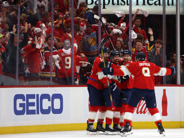 SUNRISE, FLORIDA - JUNE 10: Evan Rodrigues #17 of the Florida Panthers celebrates his goal with teammates during the third period of Game Two of the 2024 Stanley Cup Final between the Edmonton Oilers and the Florida Panthers at Amerant Bank Arena on June 10, 2024 in Sunrise, Florida.
