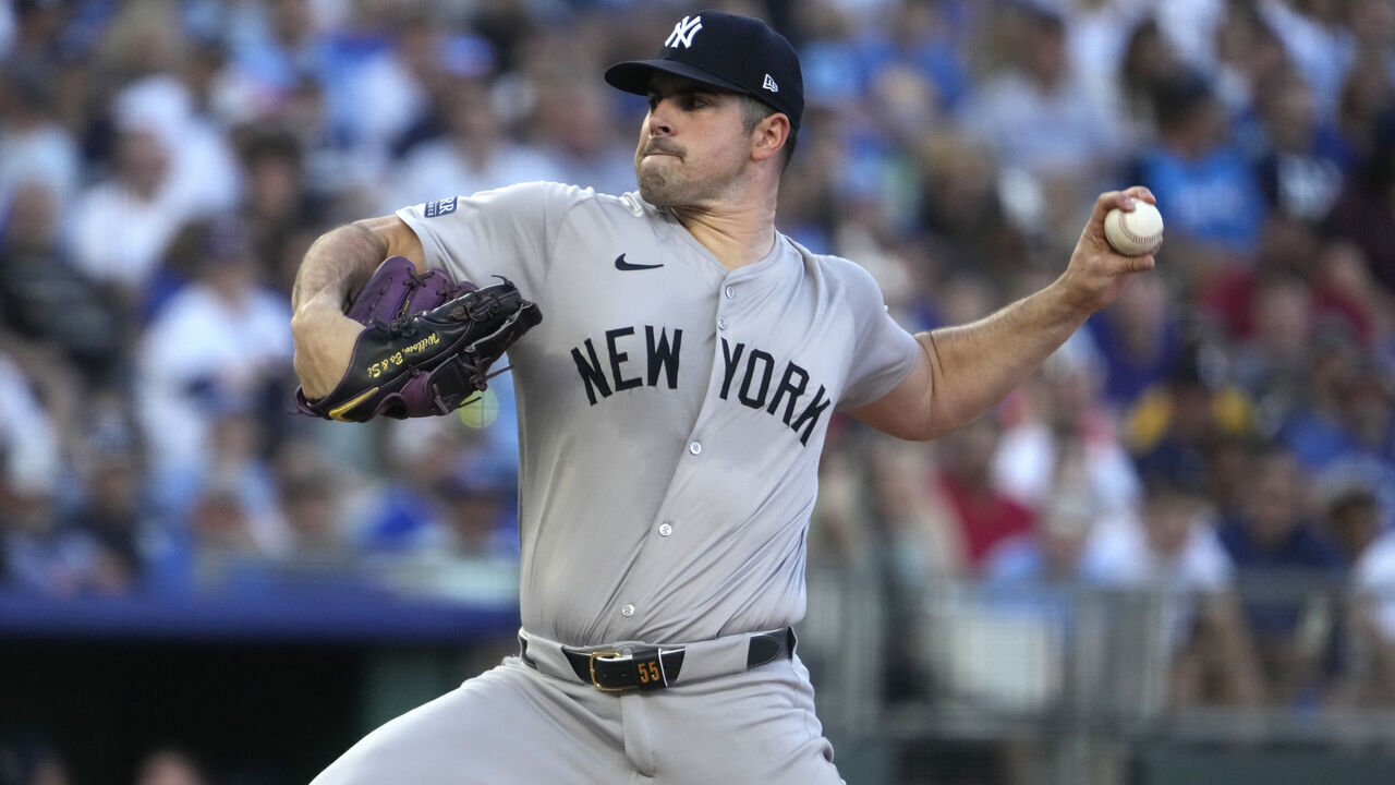 KANSAS CITY, MISSOURI - JUNE 10: Carlos Rodón #55 of the New York Yankees throws in the first inning against the Kansas City Royals at Kauffman Stadium on June 10, 2024 in Kansas City, Missouri.