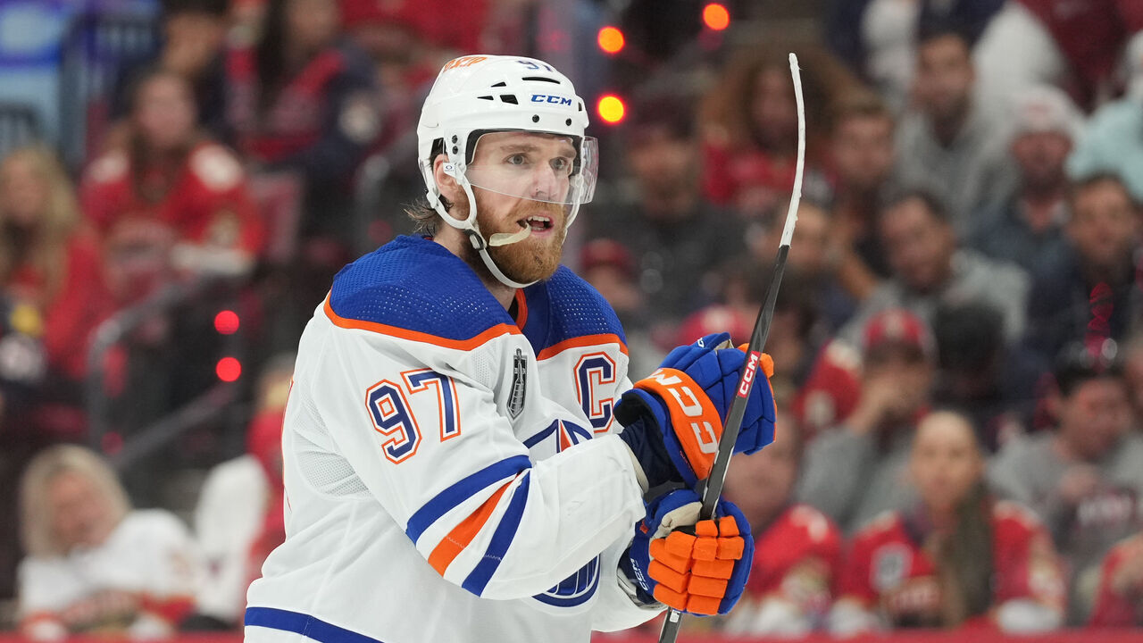 SUNRISE, FL - JUNE 10: Edmonton Oilers center Connor McDavid (97) directs a teammate before a face-off in the third period during game two of the Stanley Cup Finals between the Edmonton Oilers and the Florida Panthers on Saturday, June 10, 2024 at Amerant Bank Area in Sunrise, Fla.