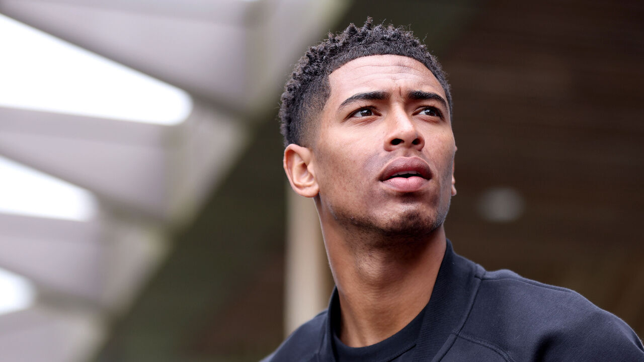 BURTON UPON TRENT, ENGLAND - JUNE 10: Jude Bellingham of England looks on as the England team depart St George's Park ahead of their Euro 2024 campaign, at St George's Park on June 10, 2024 in Burton upon Trent, England.