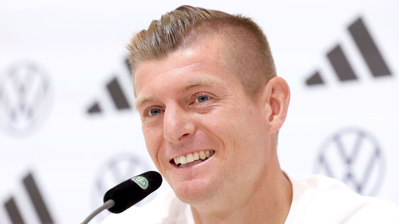 HERZOGENAURACH, GERMANY - JUNE 11: Toni Kroos of Germany talks to the media during a press conference at adidas HQ Herzo Base on June 11, 2024 in Herzogenaurach, Germany.