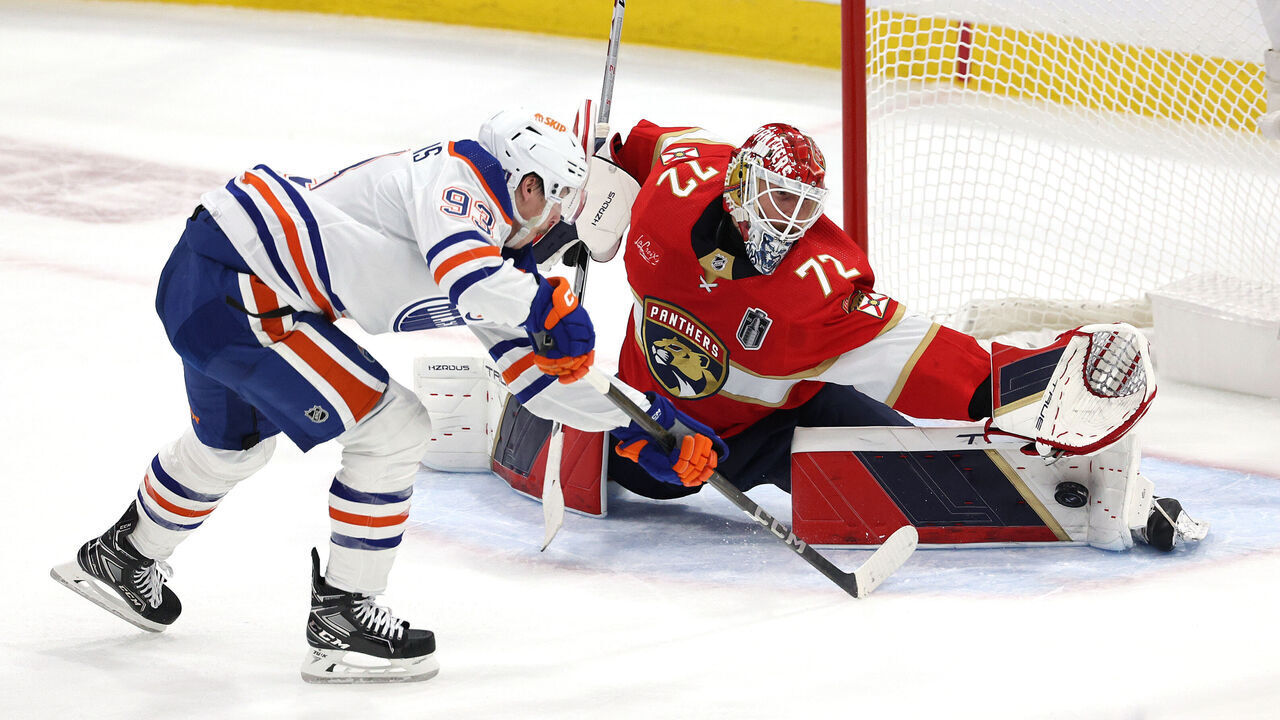 SUNRISE, FLORIDA - JUNE 08: Sergei Bobrovsky #72 of the Florida Panthers makes a save as Ryan Nugent-Hopkins #93 of the Edmonton Oilers attempts to score during Game One of the 2024 Stanley Cup Final at Amerant Bank Arena on June 08, 2024 in Sunrise, Florida.