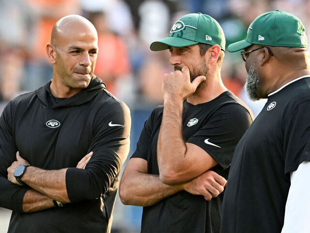 CANTON, OHIO - AUGUST 03: Head coach Robert Saleh of the New York Jets talks with Aaron Rodgers #8 prior to the 2023 Pro Hall of Fame Game against the Cleveland Browns at Tom Benson Hall Of Fame Stadium on August 03, 2023 in Canton, Ohio.