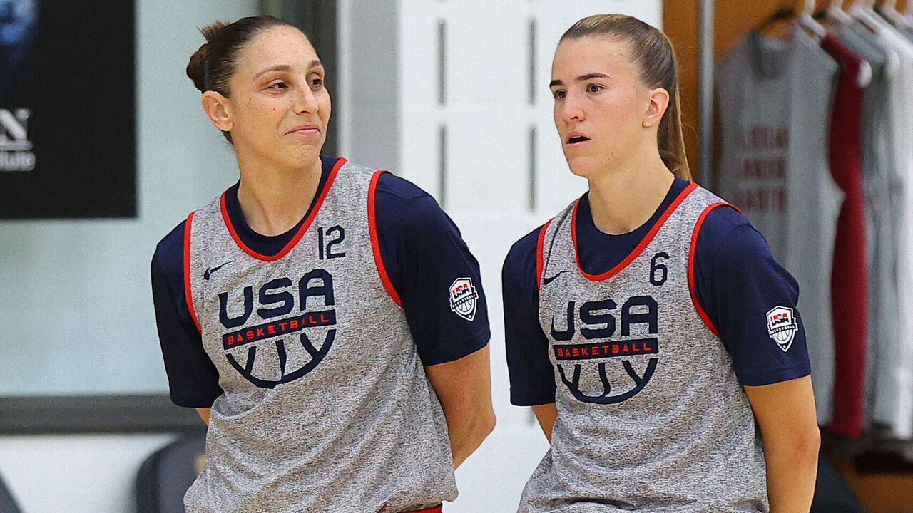 INDEPENDENCE, OHIO - APRIL 03: Diana Taurasi #12 and Sabrina Ionescu #6 look on during the USA Basketball Women's National Team Training Camp at Cleveland Clinic Courts on April 03, 2024 in Independence, Ohio.