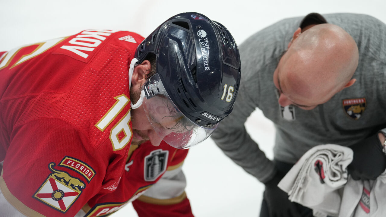 SUNRISE, FL - JUNE 10: Florida Panthers center Aleksander Barkov (16) gets checked on by a trainer in the third period during game two of the Stanley Cup Finals between the Edmonton Oilers and the Florida Panthers on Saturday, June 10, 2024 at Amerant Bank Area in Sunrise, Fla.