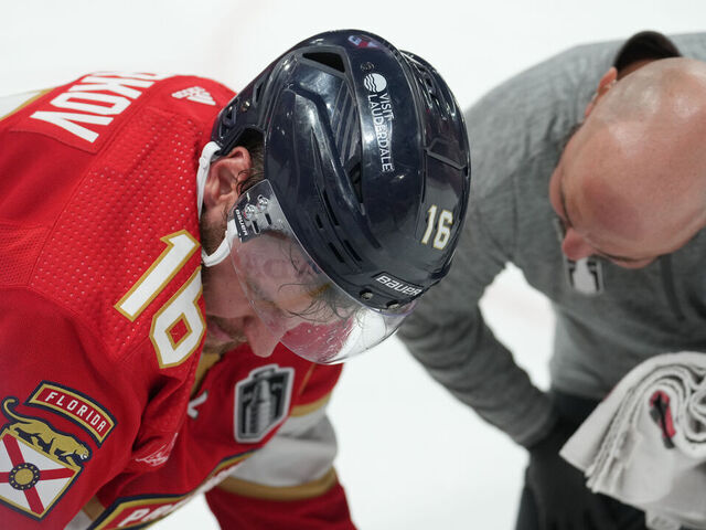 SUNRISE, FL - JUNE 10: Florida Panthers center Aleksander Barkov (16) gets checked on by a trainer in the third period during game two of the Stanley Cup Finals between the Edmonton Oilers and the Florida Panthers on Saturday, June 10, 2024 at Amerant Bank Area in Sunrise, Fla.