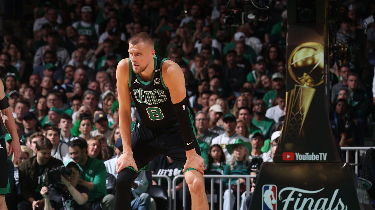 BOSTON, MA - JUNE 9: Kristaps Porzingis #8 of the Boston Celtics looks on during the game against the Dallas Mavericks during Game 1 of the 2024 NBA Finals on June 9, 2024 at the TD Garden in Boston, Massachusetts. Mandatory Copyright Notice: Copyright 2024 NBAE