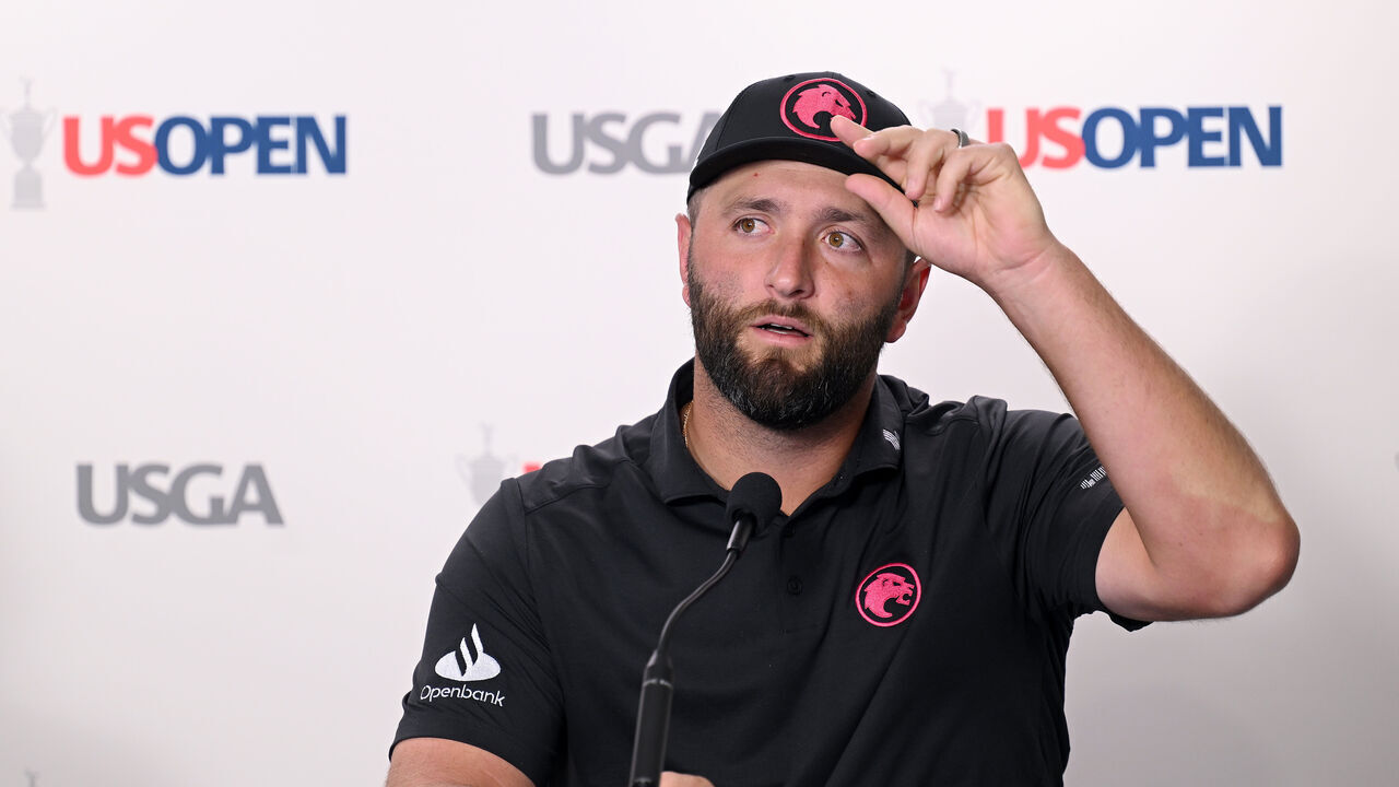 PINEHURST, NORTH CAROLINA - JUNE 11: Jon Rahm of Spain speaks to the media during a press conference during a practice round prior to the U.S. Open at Pinehurst Resort on June 11, 2024 in Pinehurst, North Carolina.