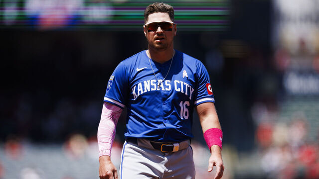 ANAHEIM, CA - MAY 12: Kansas City Royals outfielder Hunter Renfroe (16) during a MLB baseball game between the Kansas City Royals and the Los Angeles Angels on May 12, 2024 at Angel Stadium in Anaheim, CA.