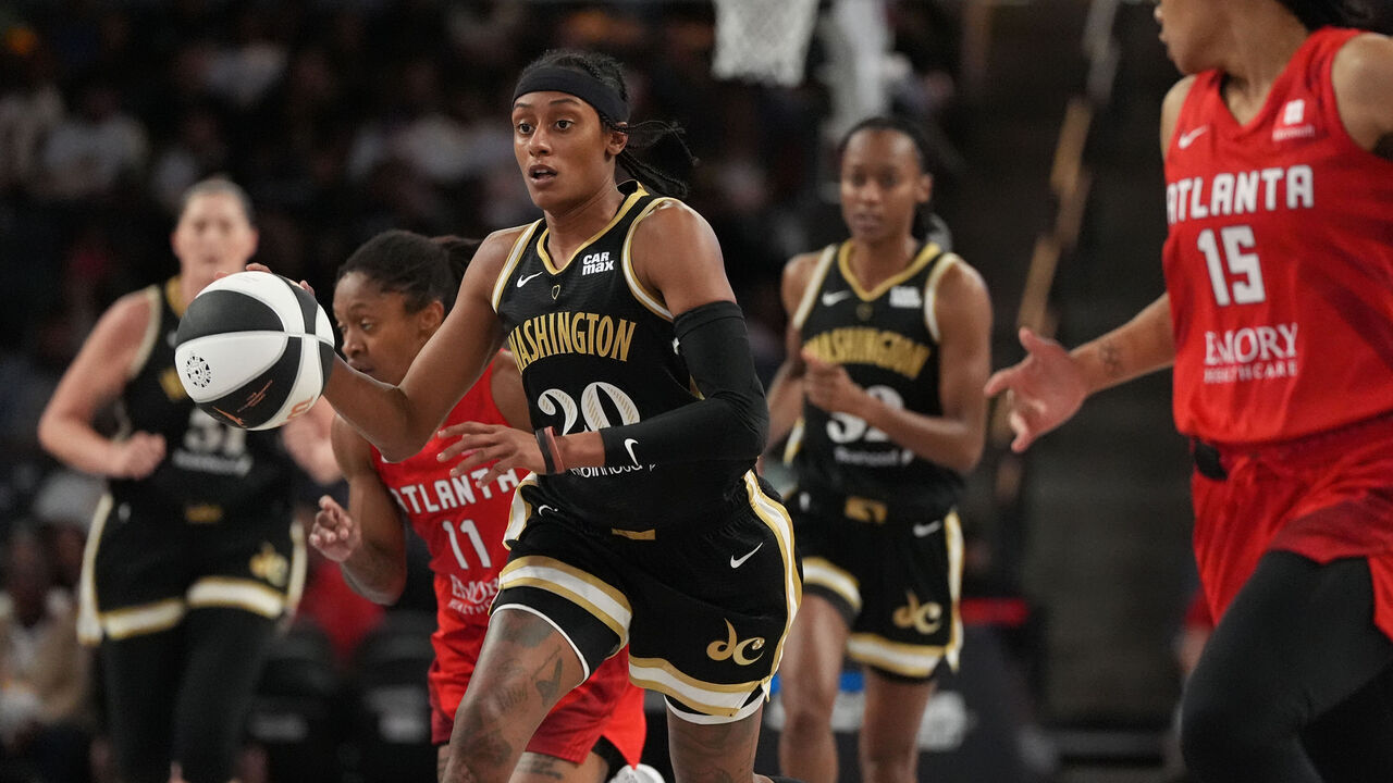 ATLANTA, GA - JUNE 11: Brittney Sykes #20 of the Washington Mystics dribbles the ball during the game against the Atlanta Dream during the 2024 WNBA Commissioner's Cup game on June 11, 2024 at the Gateway Center Arena at College Park in Atlanta, Georgia. Mandatory Copyright Notice: Copyright 2024 NBAE