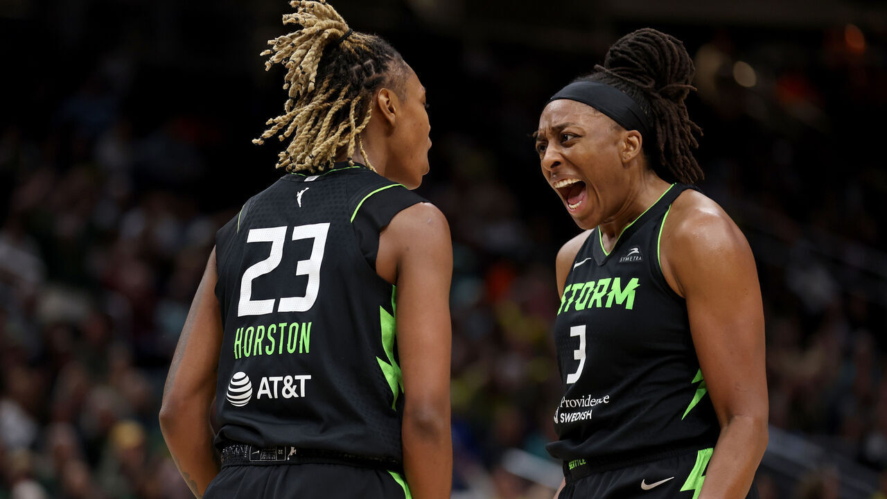 SEATTLE, WASHINGTON - JUNE 11: Jordan Horston #23 and Nneka Ogwumike #3 of the Seattle Storm react during the fourth quarter against the Los Angeles Sparks at Climate Pledge Arena on June 11, 2024 in Seattle, Washington.