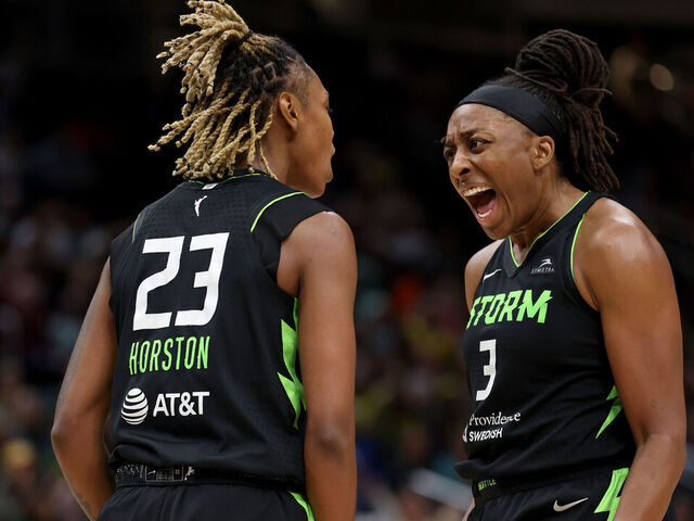 SEATTLE, WASHINGTON - JUNE 11: Jordan Horston #23 and Nneka Ogwumike #3 of the Seattle Storm react during the fourth quarter against the Los Angeles Sparks at Climate Pledge Arena on June 11, 2024 in Seattle, Washington.