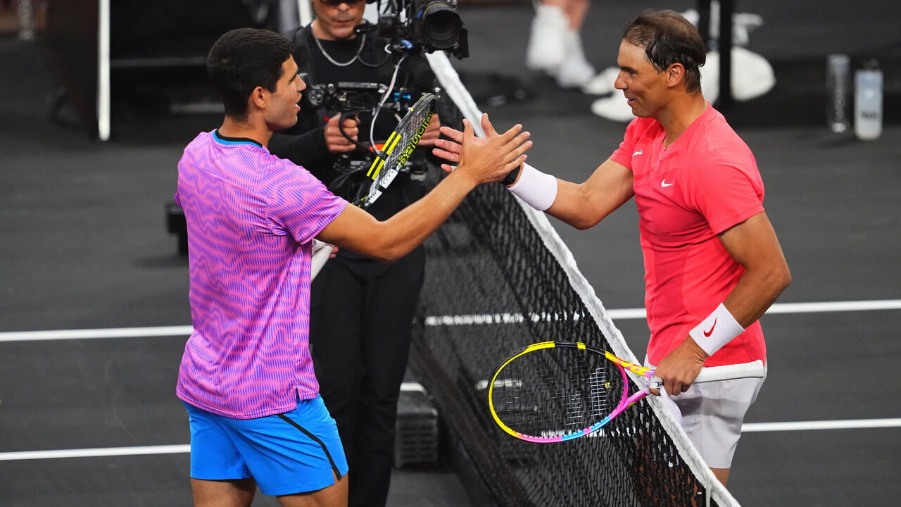 LAS VEGAS, NEVADA - MARCH 03: (L-R) Carlos Alcaraz and Rafael Nadal attend The Netflix Slam at Michelob ULTRA Arena on March 03, 2024 in Las Vegas, Nevada.
