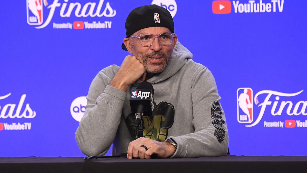 BOSTON, MA - JUNE 11: Head Coach Jason Kidd of the Dallas Mavericks talks to the media during 2024 NBA Finals Practice and Media Availability on June 11, 2024 at the American Airlines Center in Dallas, Texas. Mandatory Copyright Notice: Copyright 2024 NBAE