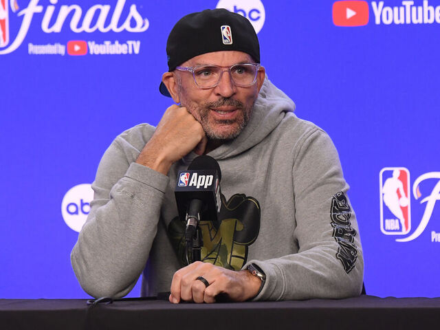 BOSTON, MA - JUNE 11: Head Coach Jason Kidd of the Dallas Mavericks talks to the media during 2024 NBA Finals Practice and Media Availability on June 11, 2024 at the American Airlines Center in Dallas, Texas. Mandatory Copyright Notice: Copyright 2024 NBAE