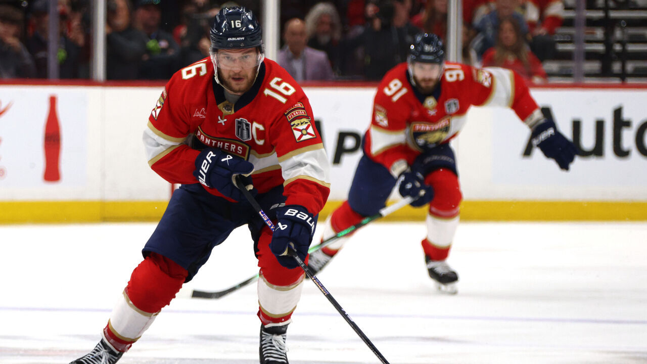SUNRISE, FLORIDA - JUNE 10: Aleksander Barkov #16 of the Florida Panthers skates with the puck against the Edmonton Oilers during the second period of Game Two of the 2024 Stanley Cup Final at Amerant Bank Arena on June 10, 2024 in Sunrise, Florida.
