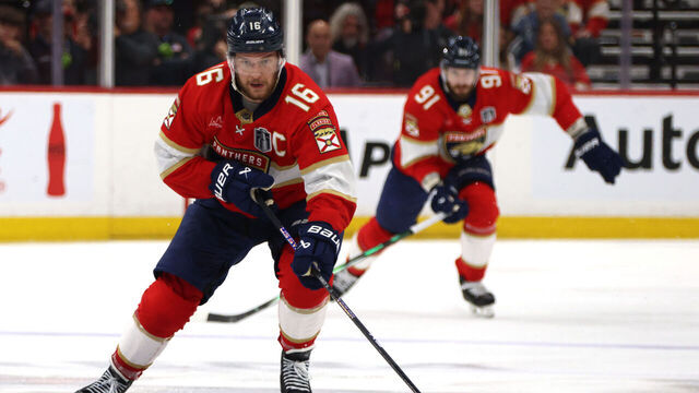 SUNRISE, FLORIDA - JUNE 10: Aleksander Barkov #16 of the Florida Panthers skates with the puck against the Edmonton Oilers during the second period of Game Two of the 2024 Stanley Cup Final at Amerant Bank Arena on June 10, 2024 in Sunrise, Florida.