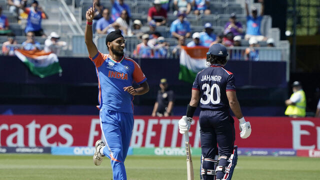 India's Arshdeep Singh celebrates a successful lbw during the ICC men's Twenty20 World Cup 2024 group A cricket match between the USA and India at Nassau County International Cricket Stadium in East Meadow, New York on June 12, 2024.