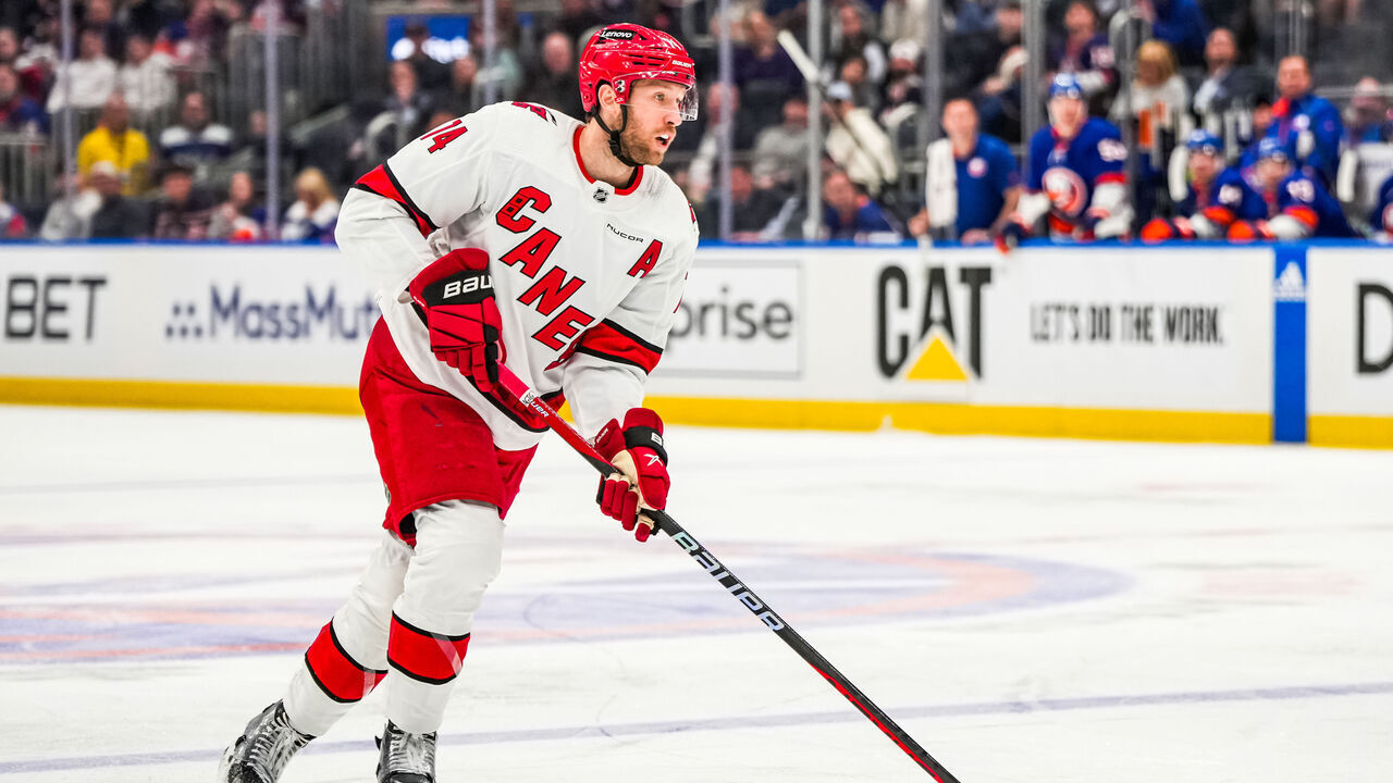 ELMONT, NEW YORK - APRIL 25: Jaccob Slavin #74 of the Carolina Hurricanes skates during the second period against the New York Islanders in Game Three of the First Round of the 2024 Stanley Cup Playoffs at UBS Arena on April 25, 2024 in Elmont, New York.