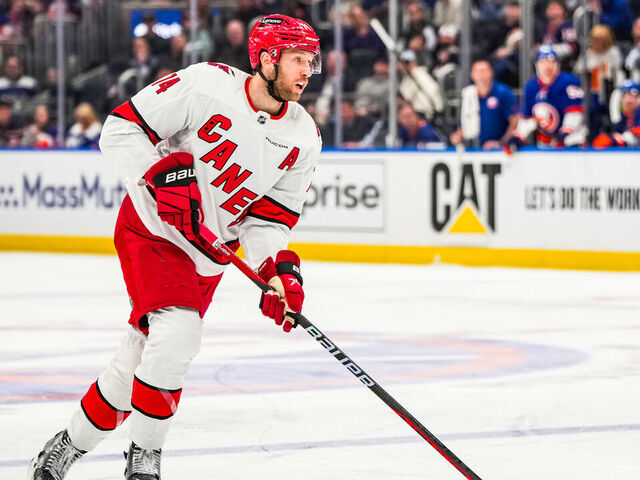 ELMONT, NEW YORK - APRIL 25: Jaccob Slavin #74 of the Carolina Hurricanes skates during the second period against the New York Islanders in Game Three of the First Round of the 2024 Stanley Cup Playoffs at UBS Arena on April 25, 2024 in Elmont, New York.