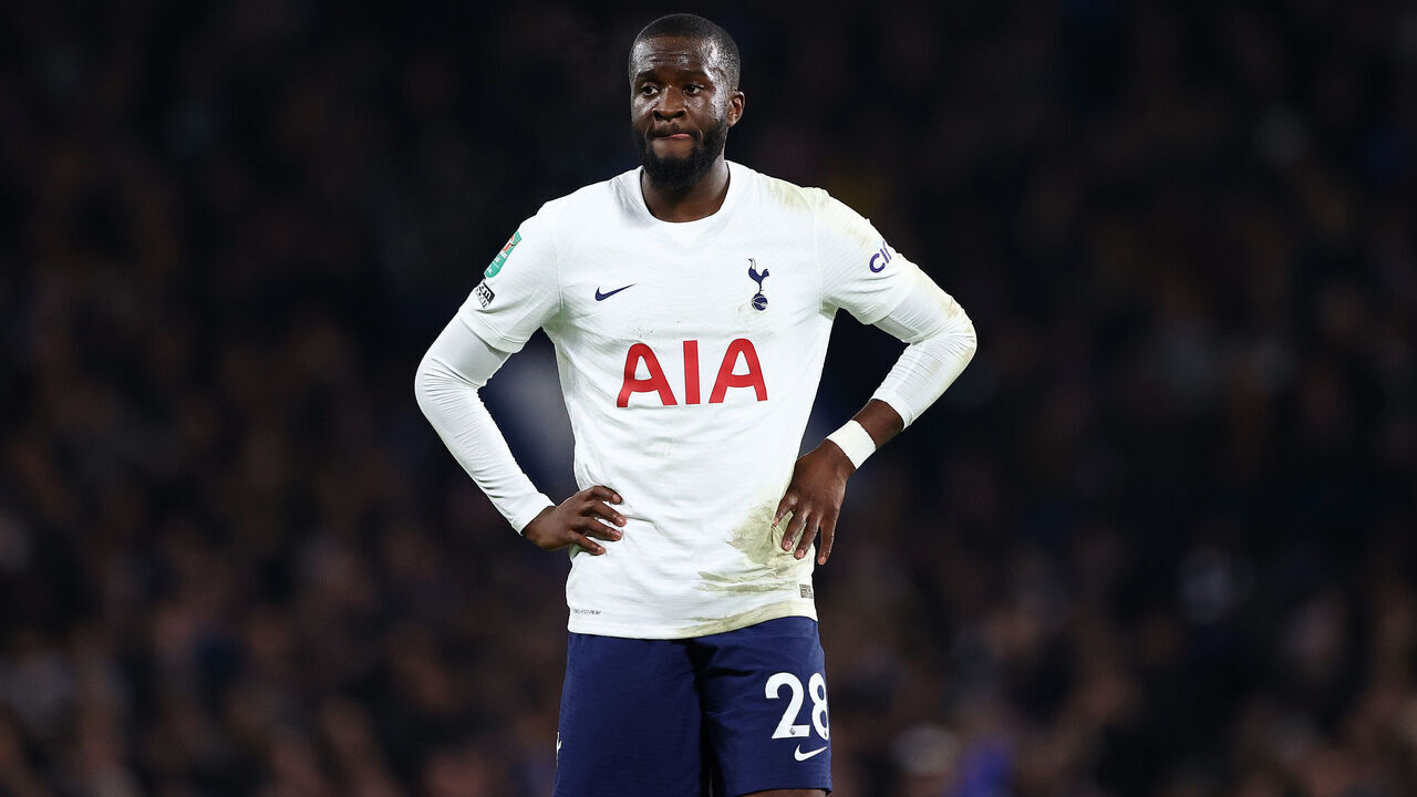 LONDON, ENGLAND - JANUARY 05: Tanguy Ndombele of Spurs looks on during the Carabao Cup Semi Final First Leg match between Chelsea and Tottenham Hotspur at Stamford Bridge on January 05, 2022 in London, England.
