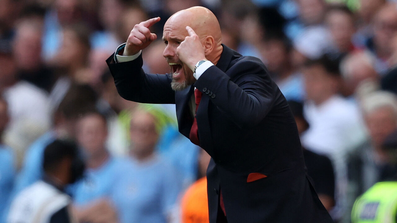 LONDON, ENGLAND - MAY 25: Erik ten Hag, Manager of Manchester United reacts during the Emirates FA Cup Final match between Manchester City and Manchester United at Wembley Stadium on May 25, 2024 in London, England.