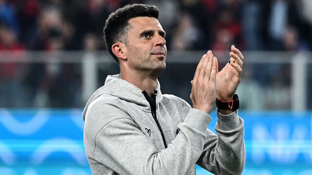 GENOA, ITALY - MAY 24: Thiago Motta coach of Bologna FC celebrate at the end of the Serie A TIM match between Genoa CFC and Bologna FC - Serie A TIM at Stadio Luigi Ferraris on May 24, 2024 in Genoa, Italy.