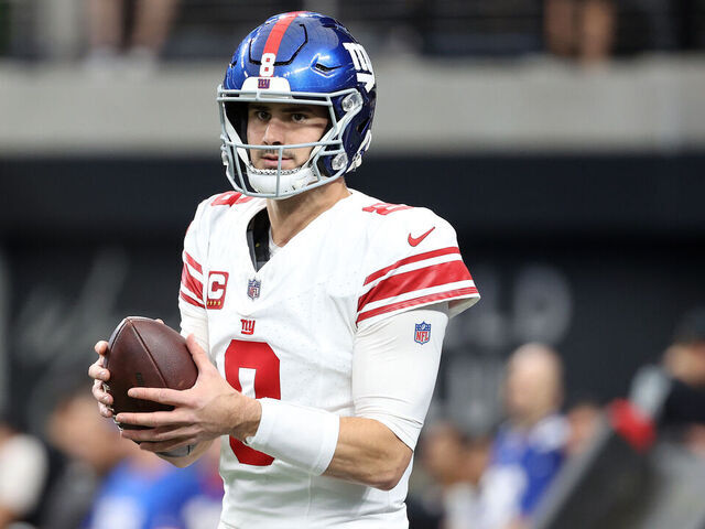 LAS VEGAS, NEVADA - NOVEMBER 05: Daniel Jones #8 of the New York Giants warms up before a game against the Las Vegas Raiders at Allegiant Stadium on November 05, 2023 in Las Vegas, Nevada.
