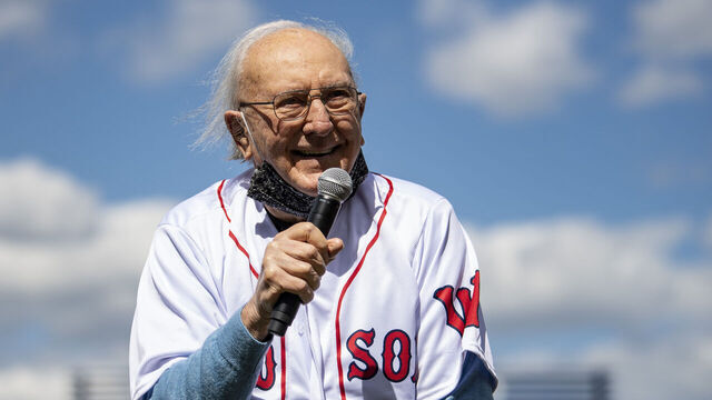 BOSTON, MA - MAY 11: Former basketball player Bob Cousy announces Play Ball before the inaugural game at Polar Park between the Worcester Red Sox and the Syracuse Mets on May 11, 2021 in Worcester, Massachusetts. It was the first game ever played at Polar Park.